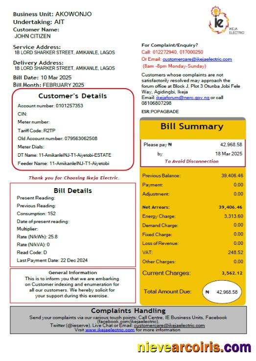 Nigeria IKEJA Electric utility bill